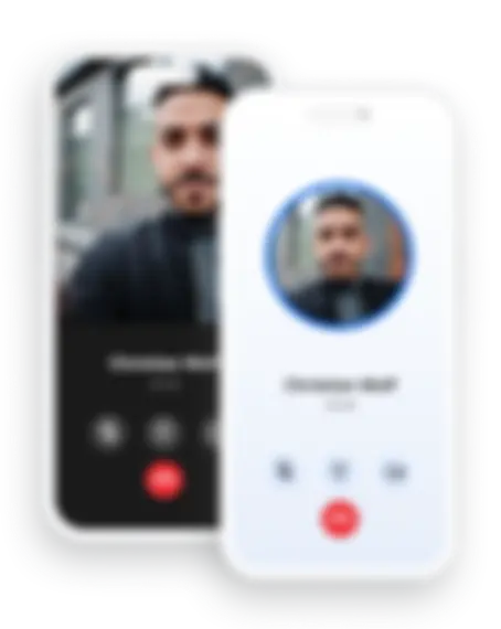 Mobile screen showing a young man on a video call and an audio call in progress with call control buttons visible at the bottom of the screen.