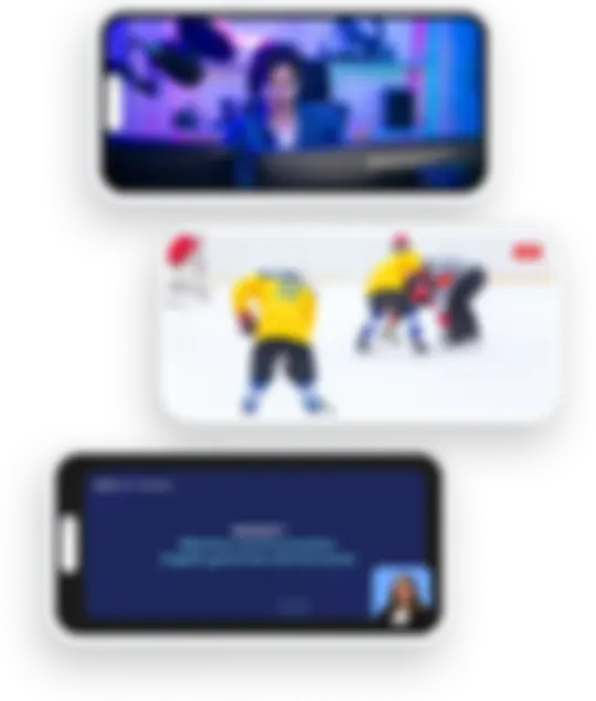 Collage of smartphone screens displaying various video content: a person in a room with a gaming setup, a live stream of a hockey game, and an online TDL School course.