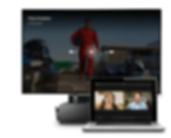 A collage featuring three scenes: a TV screen displaying a documentary with pause, forward, and backward controls in the center; a VR Oculus device; and a laptop screen showing a video call in progress between two people.