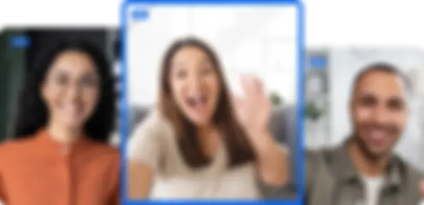 Multi-person video call with highlighted dominant speaker and delay test result chart.